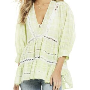 Free People Women's Time Out Lace Trim 3/4 Sleeve V-Neck Tunic Blouse Size XS
